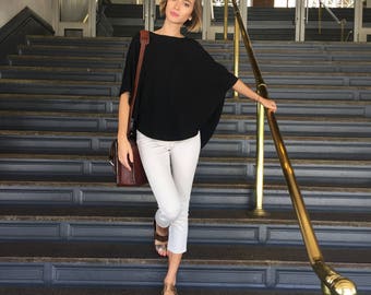 Symmetric Kimono Style One Size Poncho Top / Black Poncho Sweater / Lightweight and Soft Feel