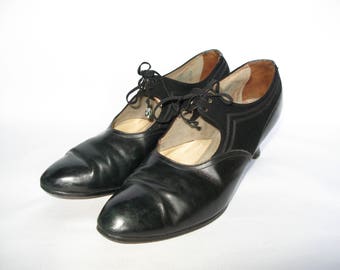 1920's or 1930's Black Leather and Suede Mary Jane Shoes - UK 6