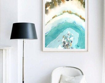 Agate Slice Art, Gem, Mineral Art, Boho Painting, Agate Print, Teal Green Agate Wall Art, Geode Painting, Geode Art, Agate Watercolor, Rust