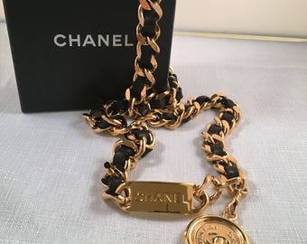 Authentic Chanel gold plated chain & black leather belt/statement necklace, circa. 1994