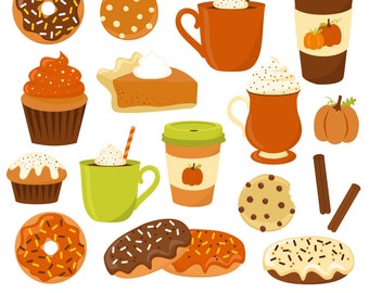 80% OFF SALE Pumpkin Spice Clipart, Fall, Donut Clipart, Coffee Clipart, Cupcakes, Muffins, Cookies, Printable, Commercial Use