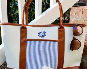 Monogrammed Seersucker Tote Bag- Monogram Canvas Bag- Personalized Canvas Tote