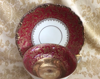 Germany AL-KA Kunst Kronach burgundy and gold gilt tea cup and saucer