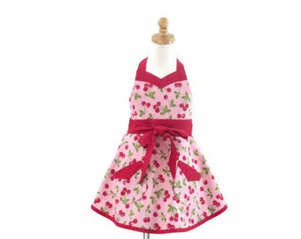 Girls Cherries Retro Apron, Girls Pink Retro Apron, Girls Personalized Apron, Optional Chef Hat, Gift for Little Girl, Granddaughter Gift