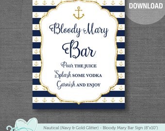 Nautical Navy and Gold Glitter Bloody Mary Bar Sign Printable, Anchor, Party, Event, Birthday, Dinner Rehearsal, 2N