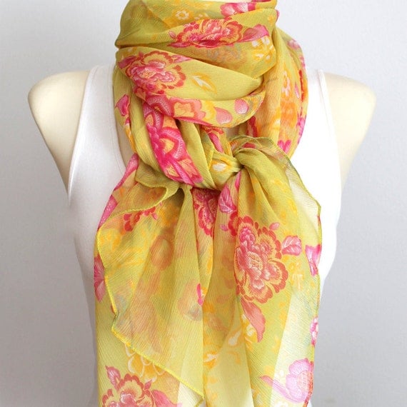 Floral Silk Scarf Chiffon Fabric Scarf Floral Print Scarf Boho Chic Scarf Gift for Mom Gift for Wife Gift for Her Summer Outdoors Party