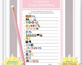 Children's Books EMOJI Pictionary game, Emoji baby shower game in a vintage theme with pink gingham, ANSWERS included, diy Printable, 39BA