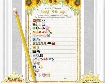 Baby Shower EMOJI Pictionary game with whimsical sunflowers and gold accents, ANSWERS included, diy PRINTABLE, 99BA