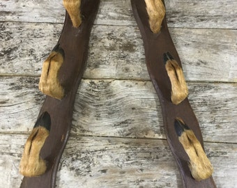 A Pair of Small Deer Hooves as Hooks mounted on wooden plaques: a pair of Coat Hooks, Porte-Manteau, Gun Rack or similar