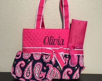 Paisley Print Monogrammed Diaper Bag Hot Pink Trim
