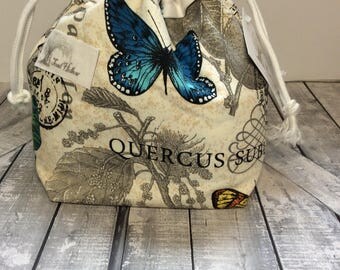 Knitting Project Bag-Butterfly on ephemera background,Toadstool bag,Toad Hollow Bag,Crochet Project,Sock,yarn keeper,drawstring bag