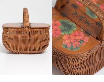 70s Decoupage Basket Purse • Box Purse • Decoupage Sewing Box • Floral Decoupage Wicker Purse Box • Wicker Box Purse
