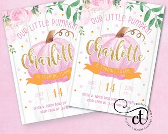 Pumpkin Birthday invitation, Girl Invite, Our Little Pumpkin Is Turning One Invitation, Our Little Pumpkin Birthday Invitations, Fall