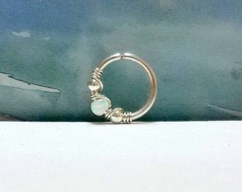 White opal septum ring, opal nose piercing,16 - 22 Gauge, 7 - 10mm inner diameter, gold septum ring, silver nose ring, tiny septum hoop
