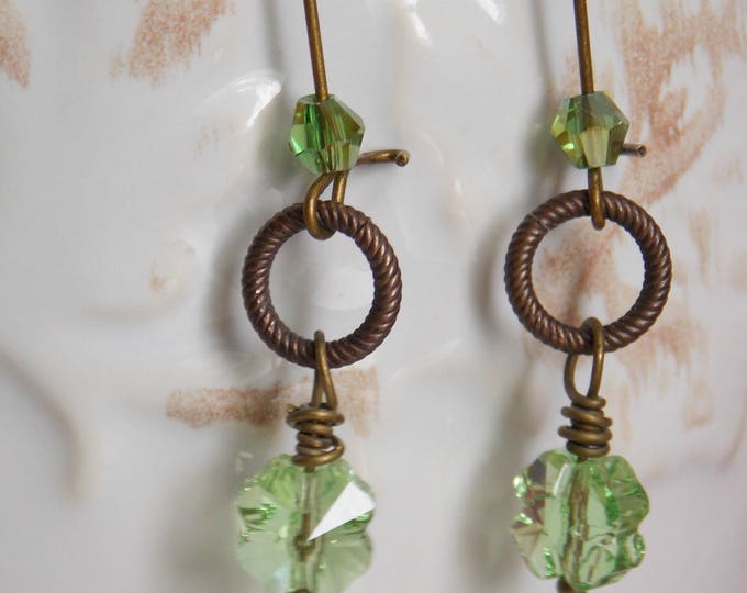 Shamrock Earrings Swarovski Clover Crystal Earrings Lucky Jewelry Irish St Patricks Day Green Shamrock Boho Long Dangle Brass Earrings