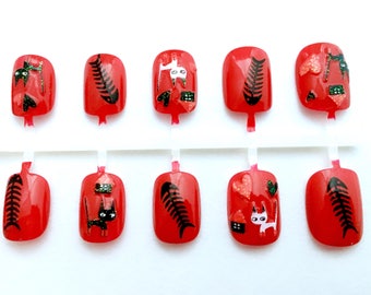 Red and Black Naughty Cat Nails | Kawaii Japanese Nail Art | Short Fake Nails | Kitty Cat Fake Nails | Cat Press On Nails | Petite Nails