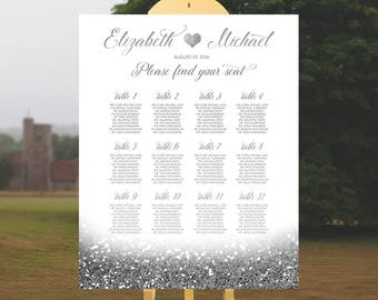 Silver Wedding Seating Chart Alphabetical Table Plan Glitter Wedding Seating Chart Poster Printable Seating Board Sign Instant Download