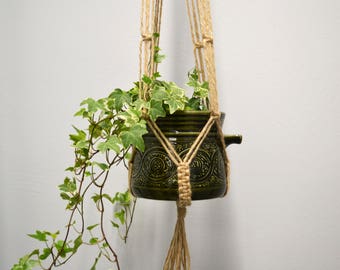 Vintage Hanging Planter, Upcycled Vintage Green Ellgreave Saxony Pottery in Handmade Macrame Hanger. Boho, Retro, Farmhouse Plant Hanger