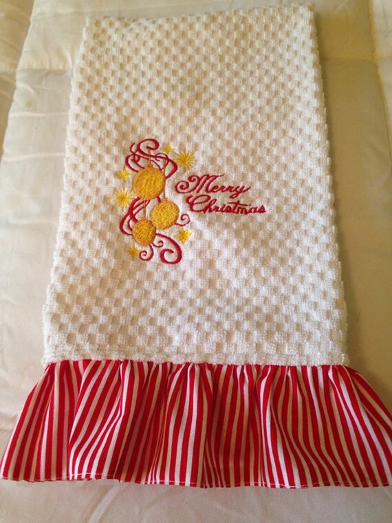 Embroidered Merry Christmas Tea Towels with Candy Cane Stripe