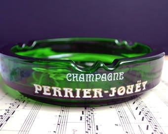 Rare Vintage Perrier Jouet Champagne Ashtray Old French Jade Green Glass Advertising Barware Art Deco