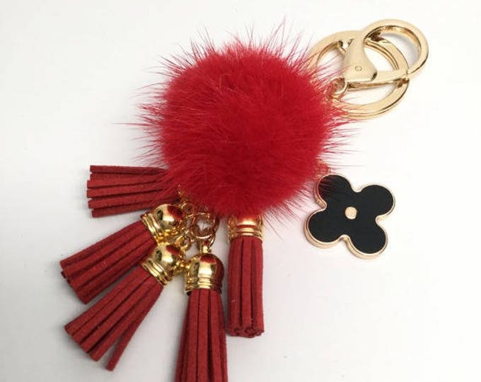 Cute Genuine Mink Fur Pom Pom Keychain with suede tassels and flower charm in Red