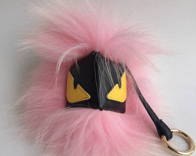 Baby Pink Face Monster Keychain Fur Pom Pom Chain Ball Bobble Key Ring Bag Pendant Charm with Strap and Metal Buckle - Real Fu