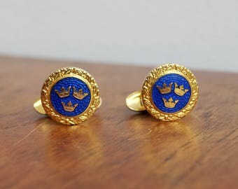 1930's Royal Blue Enamel Three Crowns of Sweden Cufflinks