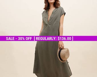 SALE Olive Green Dress, Green Dresses for Women, V Neck Dress, Midi Dress, Summer Dress, Oversized Dresses, Loose Dresses, Work Wear