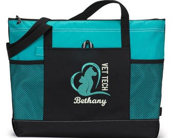 Vet Tech Animal Love Embroidered Zippered Tote Bag With Mesh Pockets, Beach Bag, Boating