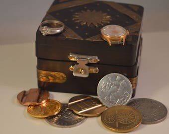 Vintage wooden ,jewelry box,treasary box...WITH treasure....all in photos