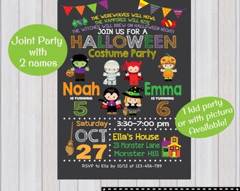 HALLOWEEN PARTY Invitation, Halloween Birthday Party invitation, Costume Party Invitation, Joint party, Siblings, Twins, Two kids