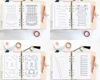 4 Stencils Bullet Journal Stencil 3.5 x 6" Shapes Flags Header Banner Garlands Ribbons Fits any Planner Bujo Erin Condren Midori • SET 01A