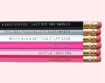 Motivational Pencil Set, Gift for Her, Gift for Boss, Boss Lady, Desk Accessories, Pencils, Gold Foil, Engraved Pencils, Back To School
