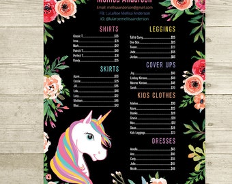 PRINTABLE Price List Poster, Skirts Dresses Shirts and Leggings Price List Sign, Unicorn and Flowers, Digital File LLR031