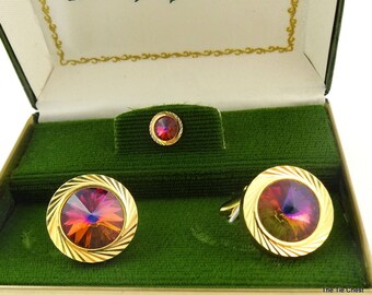 Vintage Cufflinks Set with Tie Pin Tack Pink Watermelon Rivoli Stone Gold Tone