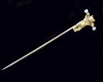 Antique Stick Pin 18k Gold Natural Pearls French Bear Circus Tie Pin (#6350)