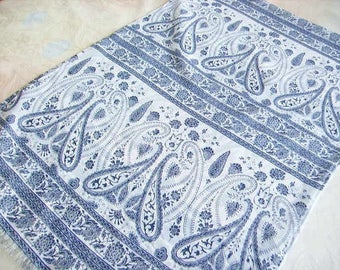 Fashion women scarf, shawl, scarf, shawl, tissue fluid and lightweight fabric, pattern swirls and stripes, blue on white background.
