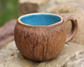 Coconut mug Coffee mug Tea cup Gift for wife Rustic mug Blue gift Housewarming gift Gift|for|hostess Girlfriend gift Womens gift Unique mug