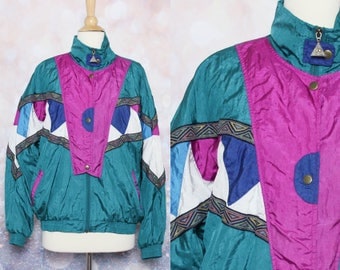 80s Windbreaker 90s Windbreaker Retro Jacket Vintage Zip Up Jacket Hipster Jacket Hippie Jacket Teal Jacket Geometric Jacket Size M