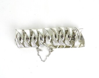 coro bracelet, 60s chunky statement bracelet, silver metal chain link cuff bracelet, 1960s bracelet, mad men bracelet, costume jewelry