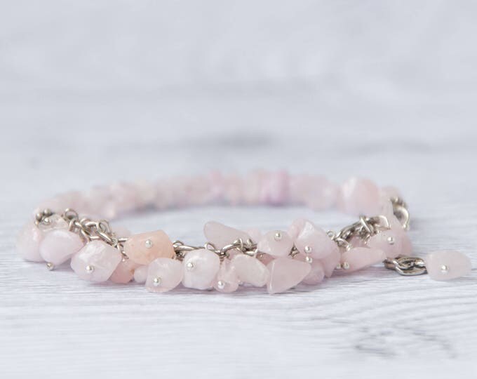 Rose quartz jewelry, Rose quartz bracelet, Raw stone jewelry, Cluster bracelet, Birthday present for women, Pink crystal bracelet