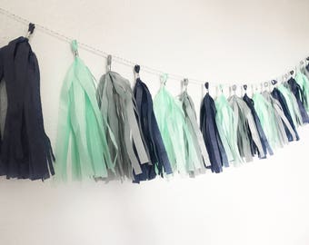 Tassel Garland | Tassel Banner | Navy Blue, Mint Green, and Grey Tassel Garland | Boy Birthday Party Decor | Baby Shower Decor | Gray