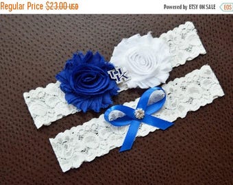 ON SALE Kentucky Wildcats Wedding Garter Set, UK Wildcats Garter, Kentucky Wildcats Bridal Garter, White Lace Garter, University of Kentucky