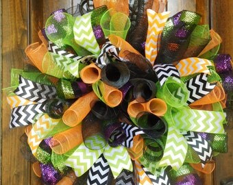 XL Wreath Made from Mesh Spirals in Bright Lime Green, Orange, Black and Black with Bold Stripes - 31" diameter - Fsll - Halloween