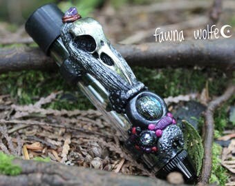 Witchy Bird Skull Moon Pipe, Adorned Twisty Glass Pipe, Art Pipe, Crystal Pipe, Crystal Pipes, Labradorite Pipe, Handsculpted Clay Art Pipe