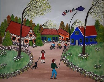 Windy Day, folk art painting, folk art, original art, acrylic painting, wall art, whimsical art, landscape painting, hand painted, Canadian