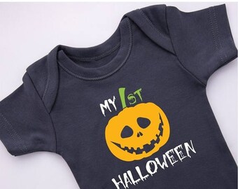 LATE SHIP SALE Halloween Baby Bodysuit, Graphite Gray, Short Sleeve or Long Sleeve, Newborn to 12-18 months, My First Halloween Outfit, Hall