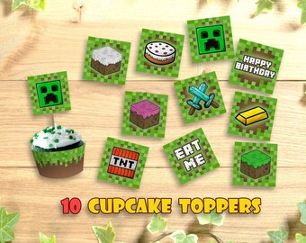 Mine Themed Cupcake Toppers Happy Birthday Party Printable Toppers Decoration Food Tent Wrap Labels Buffet Favors Instant Download