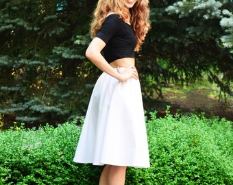 White skirt pockets, White cotton midi skirt, white midi skirt, white cotton skirt, flared white skirt, skirt with elastic waist, midi skirt