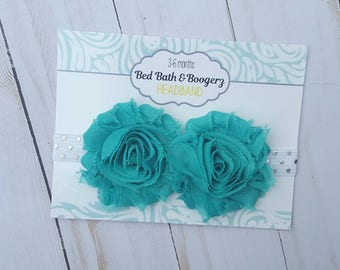 Turquoise Baby Headband- turquoise and silver, baby head band, shabby flower headband, cake smash photo prop, baby shower gift, baby girl